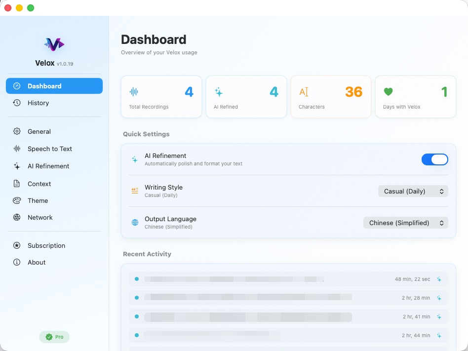 Velox悬河仪表板界面